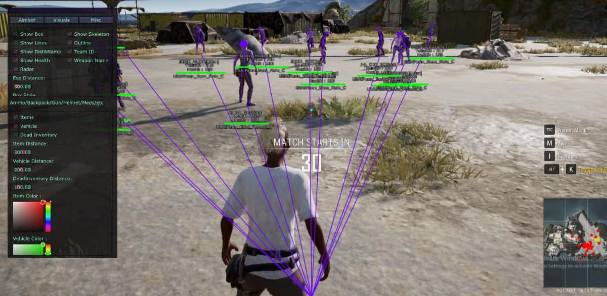 Display of ESP hack in PUBG showing enemy positions and information.