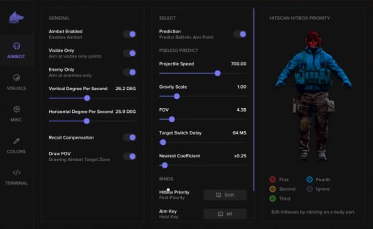 Arena Breakout Infinite Hacks & Cheats with Aimbot & ESP CheatService menu settings for Arena Breakout Infinite PC