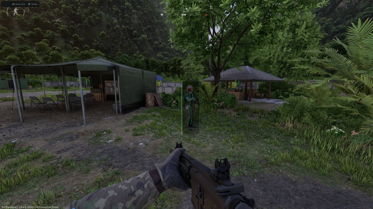 Stylish woodland outdoor game scene with sniper aiming at a virtual target in a forest setting.