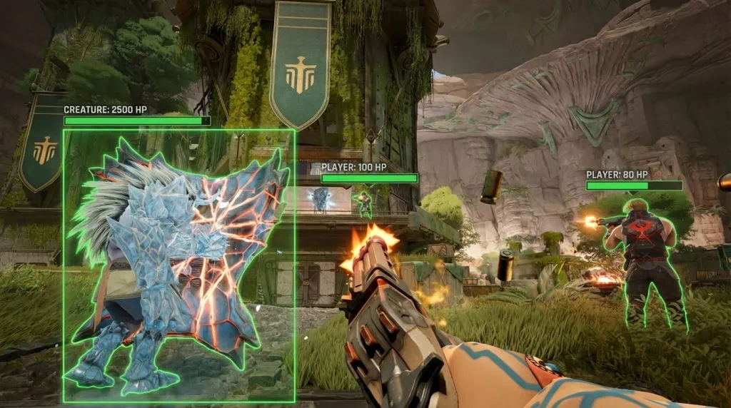 Highguard Hacks & Cheats | Undetected Aimbot & ESP 2026 1. Enemy monster with 2500 HP in a futuristic game environment.