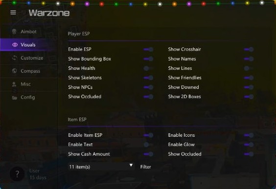 Warzone 4 Hacks & Cheats: Undetected Aimbot & ESP 2026 Warzone Cheats menu with Aimbot settings active