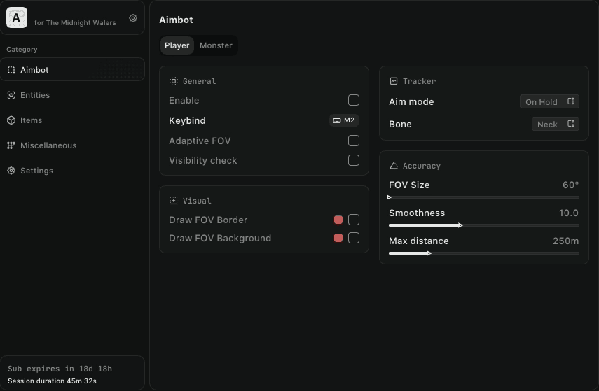 The Midnight Walkers Hacks & Cheats | Undetected Aimbot 2026 The Midnight Walkers Aimbot menu showing bone selection for Zombies