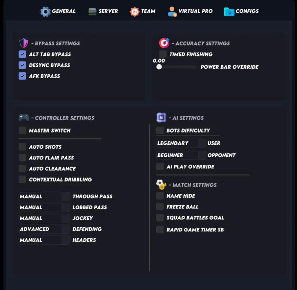 EA FC 26 Hacks (Undetected) ⚡ Auto-Win & 15-0 Champs EA FC 26 Hacks menu showing Auto Win and Matchmaking Spoofer enabled