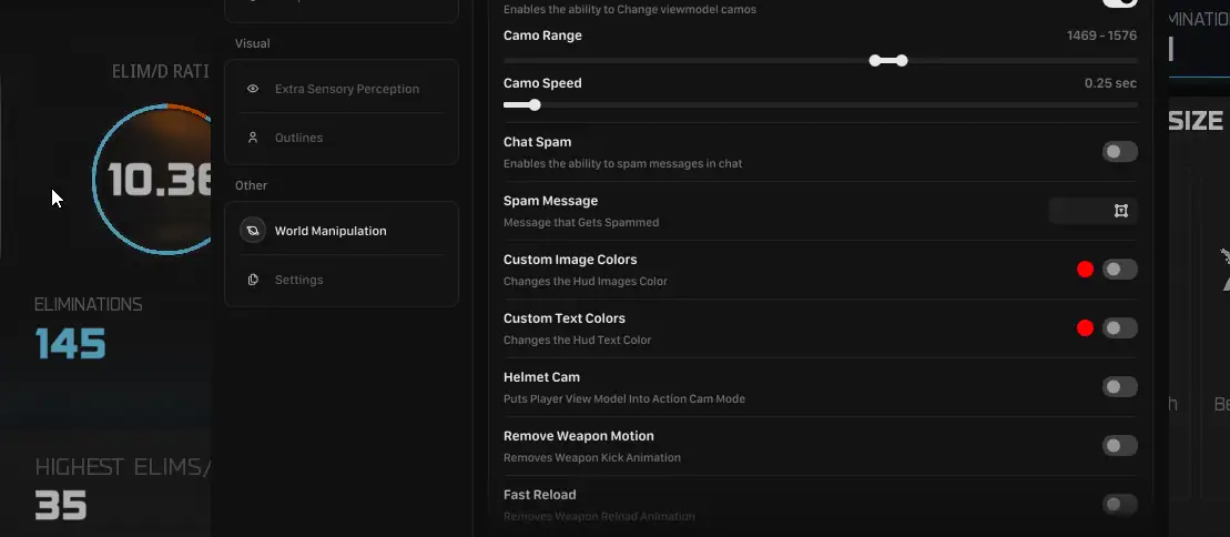 Enhanced gaming cheat interface for Warzone, featuring customizable ESP, skin changer, and weapon actions.