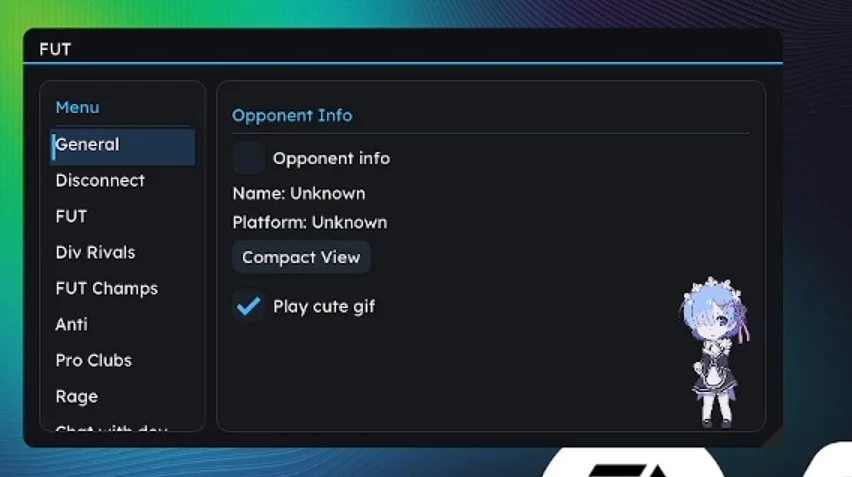 EA FC 27 Hacks & Cheats - Undetected AutoWin, FUT & More EA FC 27 Hacks General Tab 1 with opponent info cheat
