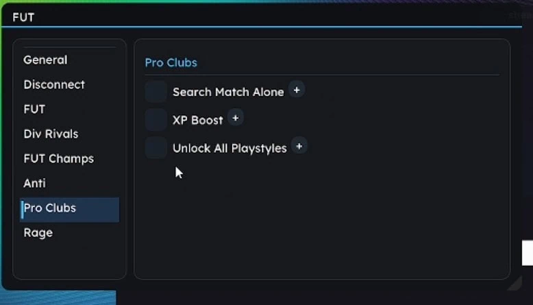 EA FC 27 Hacks & Cheats - Undetected AutoWin, FUT & More FUT Pro Clubs cheat menu with options for match, XP, and unlocks.