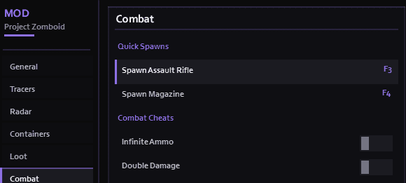 Project Zomboid Cheats: Undetected Cheat Menu & ESP Screenshot of Project Zomboid combat menu with spawn options and cheats.