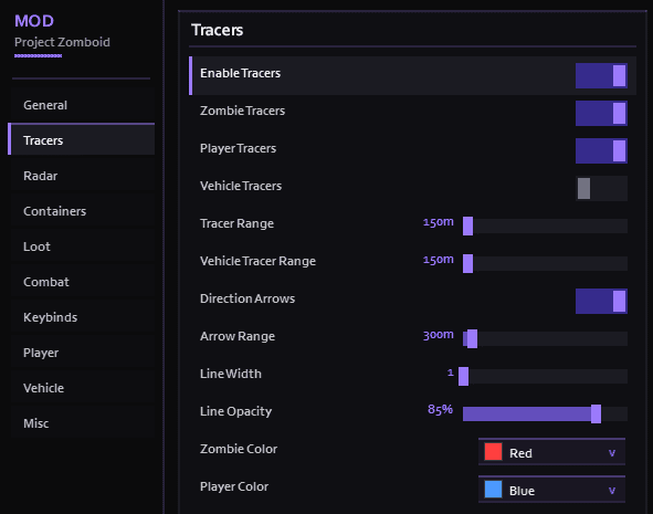 Project Zomboid Cheats: Undetected Cheat Menu & ESP Screenshot of Project Zomboid hack Viper showing tracer settings and options.