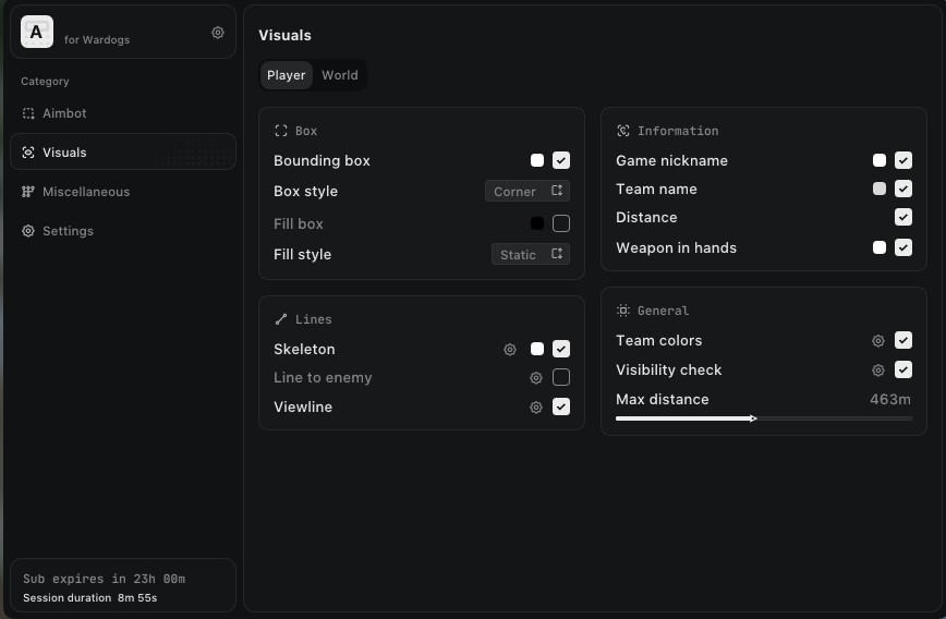 WARDOGS Cheats: Undetected Aimbot, ESP & Vehicle Radar WARDOGS cheat visuals menu with ESP settings — bounding box, skeleton, names, team, distance and weapon display