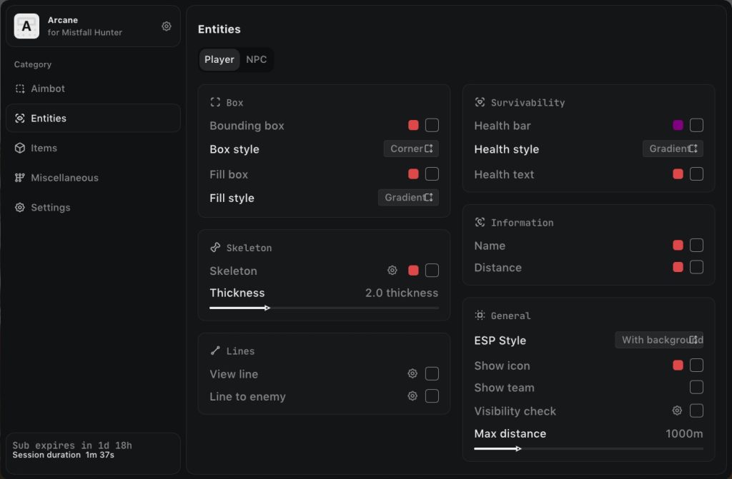 Mistfall Hunter Cheats: Undetected Aimbot, Player & Loot ESP Mistfall Hunter cheat menu showing the aimbot and ESP feature panel