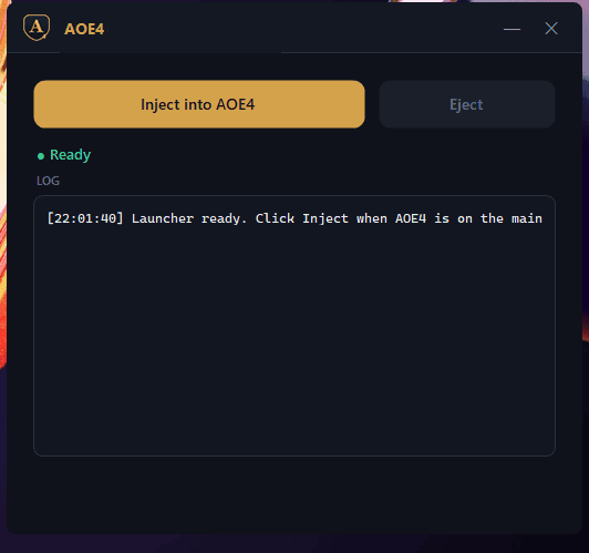 Screenshot of AOE4 cheat injection tool interface with 'Inject into AOE4' button.