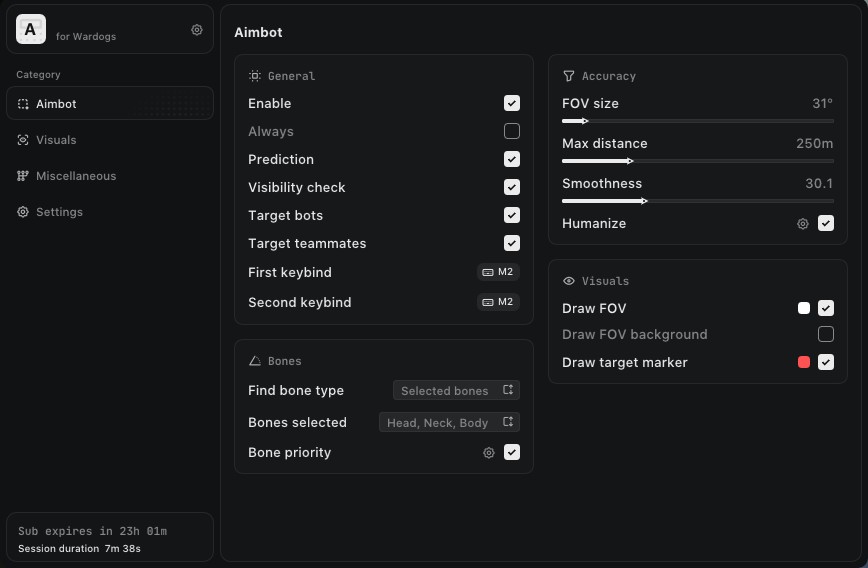 WARDOGS Cheats: Undetected Aimbot, ESP & Vehicle Radar WARDOGS cheat aimbot menu — FOV, max distance, smoothness, prediction, visibility check and head/neck/body bone options