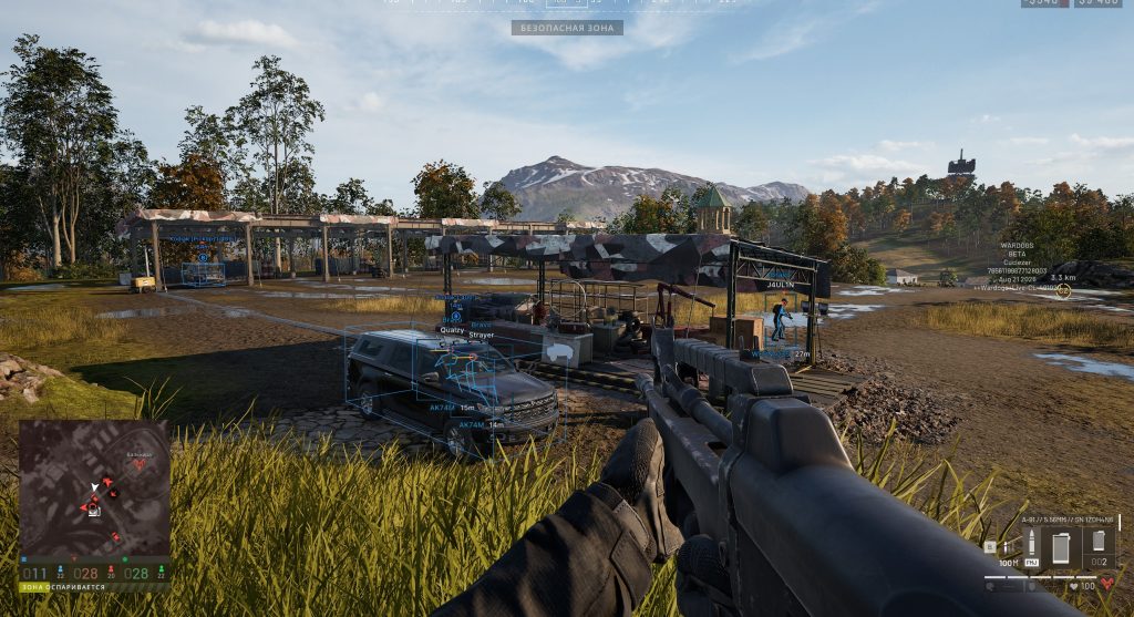 WARDOGS Cheats: Undetected Aimbot, ESP & Vehicle Radar WARDOGS vehicle ESP boxing an enemy truck alongside player ESP with names and distance, with a radar minimap in the corner