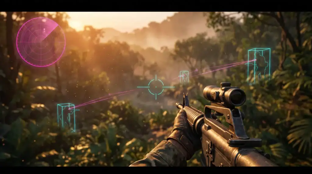 How Aimbot, ESP & Radar Work in Hell Let Loose: Vietnam Player aiming rifle with futuristic HUD overlay in jungle setting.