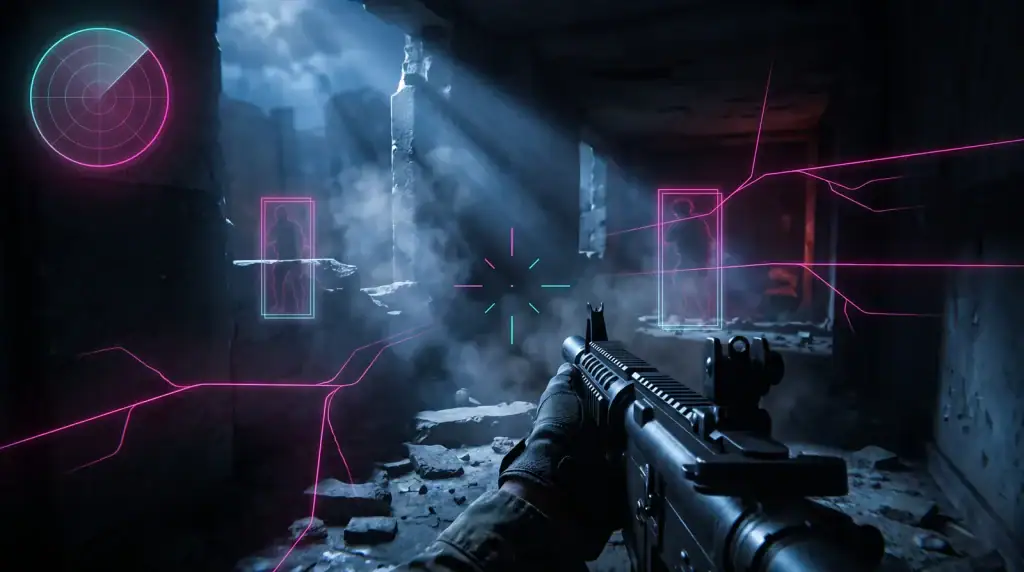 MW4 Cheats: Undetected Aimbot, ESP, Radar & Spoofer First-person MW4 view with a pink aimbot reticle, cyan ESP wireframe boxes on enemies and a 2D radar overlay