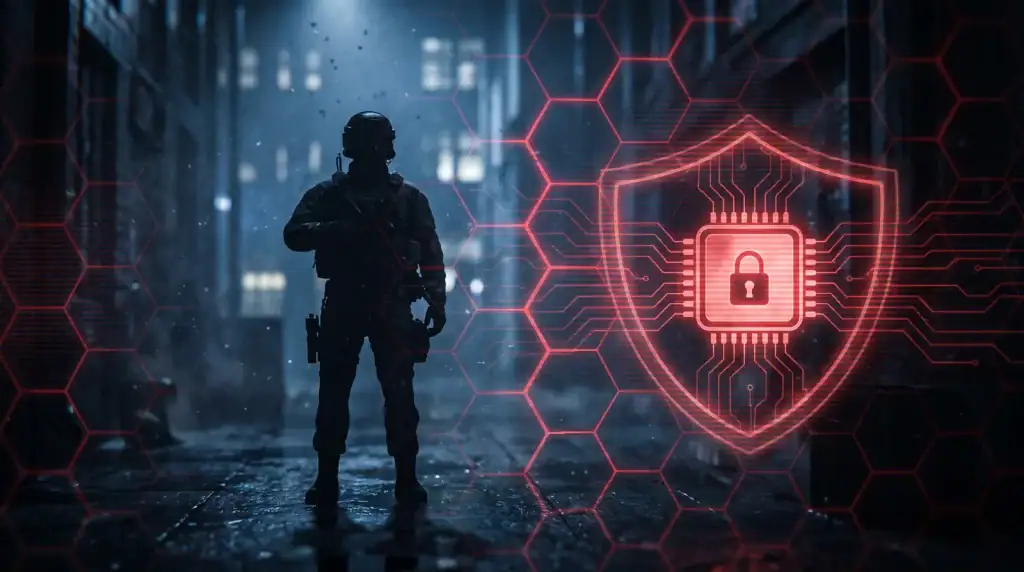 MW4 Cheats: Undetected Aimbot, ESP, Radar & Spoofer Soldier beside a glowing red security shield and chip — MW4 kernel-level anti-cheat and ban-risk concept