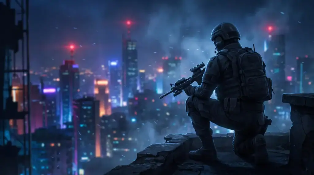 MW4 Cheats: Undetected Aimbot, ESP, Radar & Spoofer Modern soldier crouched on a rooftop overlooking a neon city skyline at night — MW4 header