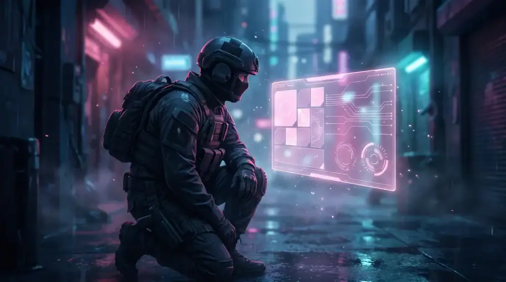 MW4 Cheats: Undetected Aimbot, ESP, Radar & Spoofer Modern soldier viewing a glowing pink holographic control panel — private MW4 cheat menu concept