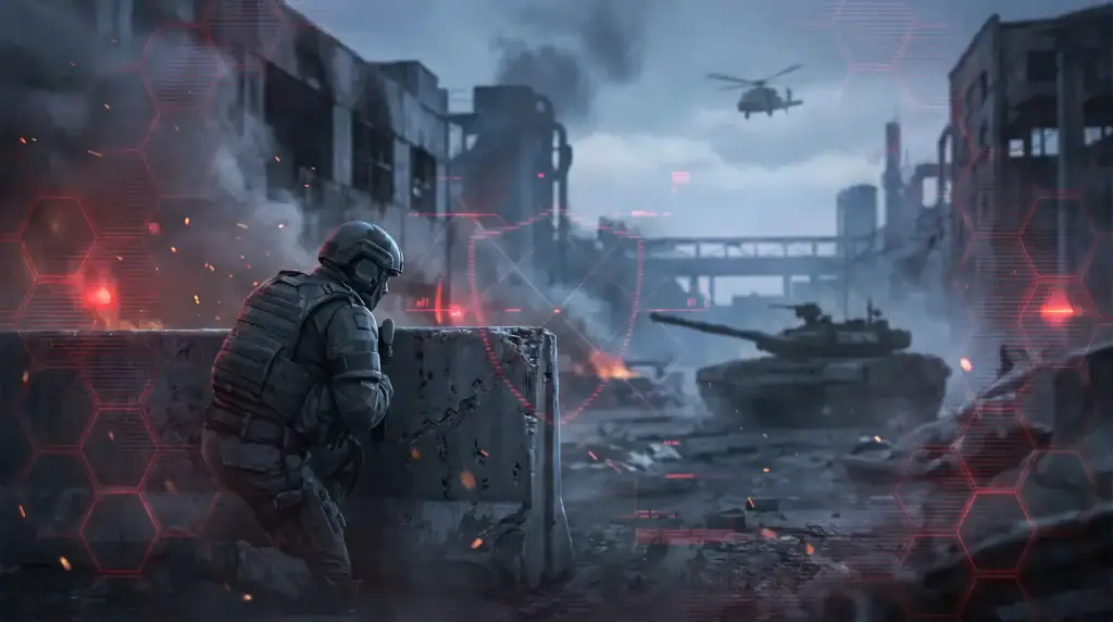 Is WARDOGS Full of Cheaters? Anti-Cheat & Ban Risk War-torn industrial battlefield with a soldier, tank and helicopter under a red kernel anti-cheat scan grid — WARDOGS cheaters and ban risk