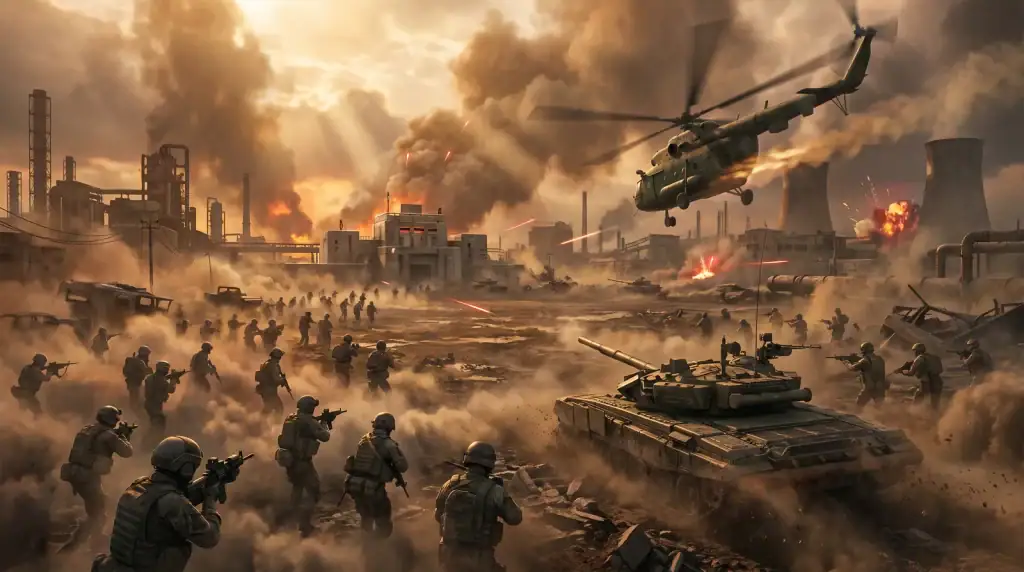 WARDOGS Second Closed Beta: Access, Preload & Times Large-scale WARDOGS-style combined-arms battle with soldiers, a tank and a helicopter over a smoky industrial objective