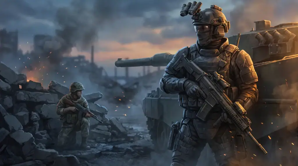 Is WARDOGS Pay-to-Win? Wealth-to-Win Economy Explained Soldiers in combat gear with a tank in a war-torn landscape at sunset.